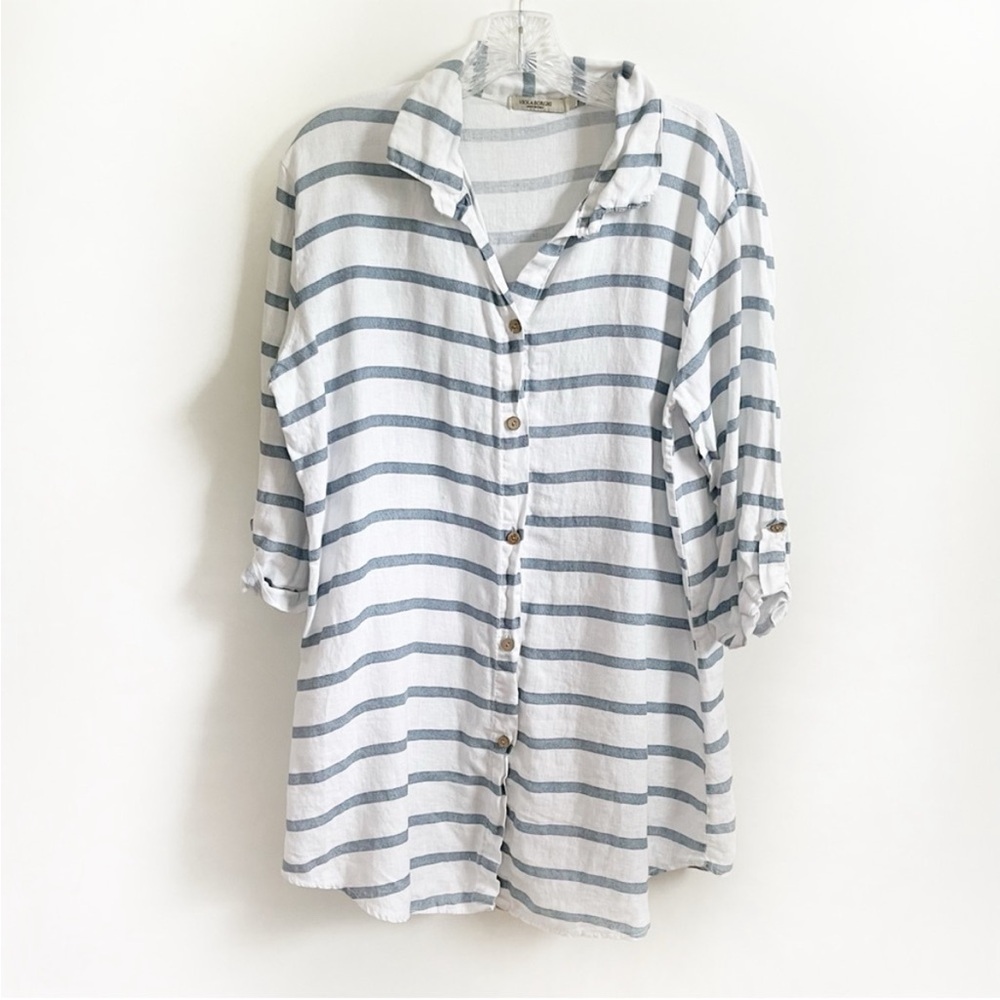 Viola Borghi tunic top white blue striped linen Italian button up relaxed fit